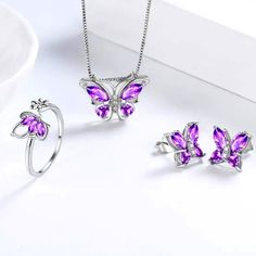 Gorgeous Purple Butterfly Jewelry Set. Includes Earrings, Necklace And Adjustable Ring. Materials : Cubic Zirconia And Alloy. Butterflies Necklace, Butterfly Jewelry Set, Silver Butterflies, Stuff To Buy, Purple Stuff, Rhinestone Jewelry Set, Amethyst Birthstone, Women's Jewelry Sets, Fashion Jewelry Sets