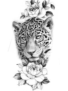 a black and white drawing of a leopard with flowers on it's back side