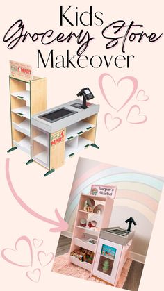 the children's store makeover is shown in pink and white with hearts on it