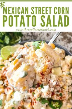 mexican street corn potato salad in a bowl with a spoon