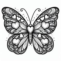 a black and white drawing of a butterfly with hearts on it's back wings