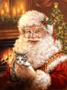 a painting of santa claus holding a cat