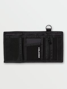 Featuring an internal key ring, mesh ID pocket, and plenty of pockets to stash your cash and your cards, this trifold wallet keeps your stuff secure and protected. - 
 - 100% Polyester
 - Weight: 0.10lb (0.04kg)
 - Velcro® trifold wallet with woven label Nik Naks, Cash Organizer, Surfing Swimwear, Black Wallet, Iconic Logo, Woven Label, Ashtrays, Trifold Wallet, Your Cards