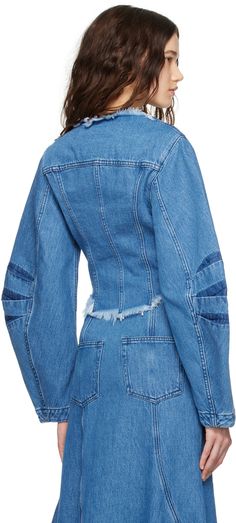 Non-stretch denim jacket. · Frayed edge at round neck and curved hem · Concealed press-stud closure · Flap pockets · Tucks at sleeves Supplier color: Mid blue Fitted Denim Top With Frayed Hem For Fall, Frayed Denim Jacket, Streetwear Denim, White Denim Jacket, Denim Outerwear, Twill Jacket, Frayed Denim, Casual Jackets, Blue Denim Jacket