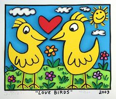 two yellow birds with hearts in their beaks