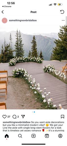 an instagram page with flowers and benches on the top of a wooden platform in front of mountains