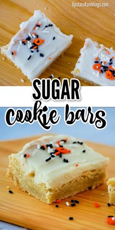 sugar cookie bars with white frosting and sprinkles are on a cutting board