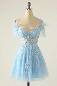 Modest Light Blue Appliques A-Line Short Homecoming Dresses Dress With Feathers, Azul Serenity, Lovely Partner, Lace Wedding Dress With Sleeves, Tulle Sleeves, Prom Ideas, Lace Prom Dress, Dress Occasion, Fashionable Clothes