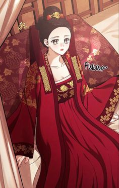 an anime character wearing a red dress with gold accents