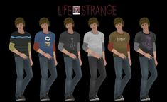 five young men standing next to each other in front of a black background with the words life is strange on it