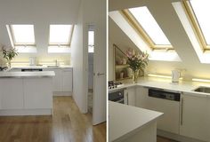 two pictures of a kitchen with white appliances and wood flooring, one has an open skylight above the sink