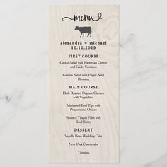 a menu card with an image of a cow on it