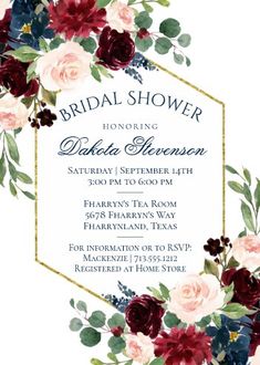 Rustic Floral | Navy Burgundy Bridal Shower Invitation Boho Bridal Shower Invitations, Daughter Best Friend, Tea Party Invitations, Stationary Paper, Boho Bridal Shower, Gold Bridal Showers