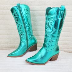 Stunning New Metallic Cowgirl Boots Embroidered Design Western Cut Heels Woman's Us Sizes Summer Green Boots With Round Toe, Green Round Toe Summer Boots, Casual Snip Toe Boots For Party, Summer Ankle-high Green Boots, Green Ankle-high Summer Boots, Summer Green Ankle-high Boots, Casual Closed Toe Mid-calf Boots For Party, Western Style Party Boots With Flat Heel, Casual Mid-calf Boots For Party