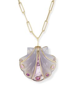 18K Yellow Gold, Carved Amethyst, Blue Chalcedony, Pink Sapphire Insets Hand-carved in NYC, each natural carved stone will have slight variations in characteristics (color, tone, patterns, inclusions). Height: 27mm Width: 32mm Chain: 18" Rollo Chain Interested in this or something similar? Contact our jewelry concierge at 512-347-9488. All jewelry and accessories are considered final sale and may not be returned or exchanged. Brent Neale, Color Stones Jewelry, Palm Beach Jewelry, Chalcedony Stone, Carved Stone, Carved Shell, Blue Chalcedony, Jewelry And Accessories, Shell Pendant