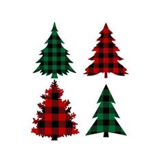 four christmas trees are shown in red, green and black checkered patterns on a white background