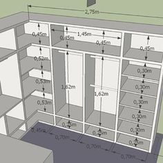 an image of a closet with measurements for the doors and shelves in it, including two drawers