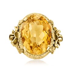 Ross-Simons - C. 1960 Vintage 18.00ct Citrine Floral Ring in 14kt Yellow Gold. Size 6.5. C. 1960. It's coming up all sunshine and roses in this Estate collection ring! A sizable 18.00 carat oval citrine beams amid a decorative nature-inspired halo and band, making this a rich and cheerful piece to keep on hand. Crafted in 14kt yellow gold. 7/8" wide. Citrine floral ring. Exclusive, one-of-a-kind Estate Jewelry. Citrine birthstones are the perfect gift for November birthdays. Jewelry Presentation, Citrine Birthstone, Antique Jewelry Rings, Pearl Jewelry Design, Gold C, It's Coming, Orange Stone, Floral Ring, Fine Jewelery