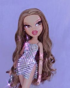 a close up of a barbie doll wearing a dress with sequins on it