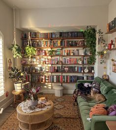 a living room filled with lots of furniture and bookshelves full of books on the wall