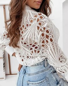 Lasaky - Eyelet Embroidered Long Sleeve Button Down Shirt