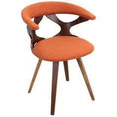 an orange upholstered chair with wooden legs and arm rests on a white background