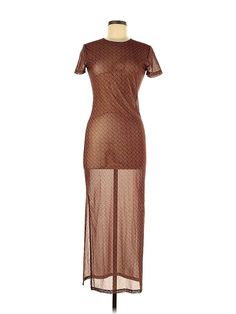 Miaou Casual Dress Size: Medium Brown Dresses - used. No Fabric Content, Mock, Midi/Calf Length, Short Sleeve | Miaou Casual Dress: Brown Dresses - Used - Size Medium Sheer Mesh Dress With Short Sleeves, Bodycon Maxi Dress With Short Sleeves For Evening, Short Sleeve Bodycon Maxi Dress For Evening, Evening Bodycon Maxi Dress With Short Sleeves, Evening Sheer Maxi Dress With Short Sleeves, Sheer Fitted Short Sleeve Dresses, Sheer Fitted Dresses With Short Sleeves, Sheer Short Sleeve Maxi Dress For Party, Fitted Brown Maxi Dress With Short Sleeves