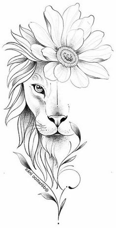 a drawing of a lion with flowers on it's head and the word love written in