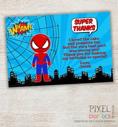 a spider - man birthday card with the words,'super thanks'and an image of