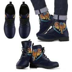 women's blue boots with lions on them