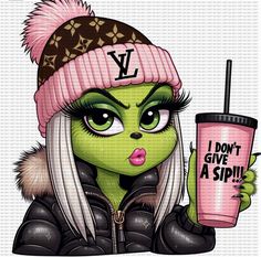 a cartoon character holding a drink and wearing a pink hat with the word i don't