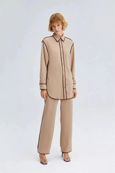 Piped Shirt Trousers Set Ribbed Jacket, Suit Shirts, Shirt And Pants, Matching Shirts, Sweatshirt Dress, Quilted Jacket, Modest Outfits, Modest Fashion, Everyday Look