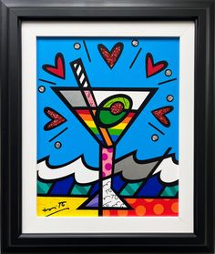 a colorful painting with a martini glass on it's side in a black frame