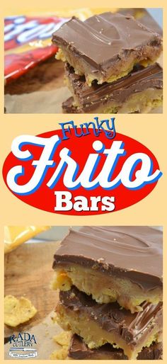 two pictures of chocolate and peanut butter bars with the title funky frito bars on top