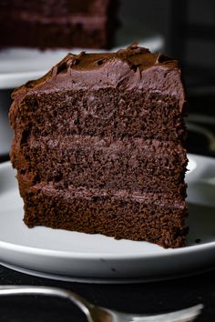 a slice of chocolate cake on a white plate