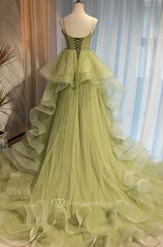 Simple Tulle Ball Gown Court Train Sleeveless Formal Dress with Peplum - Dorris Wedding Sleeveless Ball Gown With Sweep Train, Green Tulle Dress With Sweep Train, Sleeveless Tulle Evening Dress With Sweep Train, Sleeveless Ball Gown For Prom, Green Sleeveless Gown With Sweep Train, Sleeveless Organza Ball Gown For Prom, Sleeveless Green Ball Gown For Evening, Sleeveless Green Evening Ball Gown, Sleeveless Ruffled Ball Gown For Evening