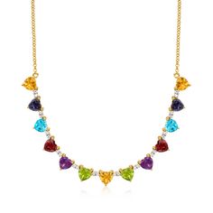 Ross-Simons - 13.50ct t. w. Heart-Shaped Multi-Gemstone Necklace Over Sterling. 18". Our vibrant necklace brings beauty to any ensemble. 13.50 ct. tot. gem wt. heart-shaped citrine, iolite, Swiss blue topaz, garnet, amethyst and peridot gems brightly glow, with white topaz rounds sparkling in between. Finely crafted in polished 18kt yellow gold over sterling silver and stationed on a rolo chain with a 2" extender. Lobster clasp, heart-shaped multi-gemstone necklace. Garnet birthstones are the pe Multi Gemstone Necklace, Iolite Stone, Garnet Birthstone, Topaz Color, Fine Jewelery, Yellow Stone, Citrine Stone, Sterling Jewelry, Garnet Stone