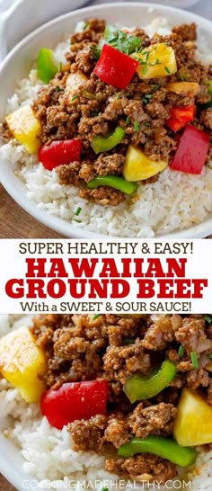 hawaiian ground beef with sweet and sour sauce in a white bowl on top of rice