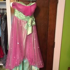 Pink And Lime Green Prom Dress- Never Worn- Sequins- High Low Dress Stranger Things Prom Dress, 1980 Prom Dress, Prom 2000s Dress, Colorful Ball Gown, Halter Pink Dress, Colorful Prom Dress, Midsummers Dress, Bridesmaids With Different Dresses, 2000s Hoco Dress