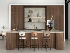 an image of a modern kitchen setting with bar stools in the center and shelves on the wall