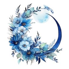 the letter o is made up of blue flowers and leaves, with a moon in the background