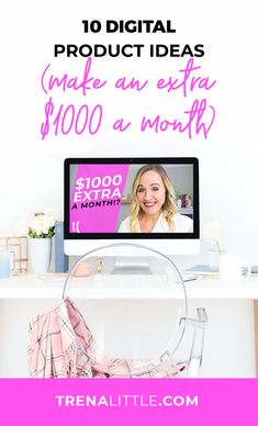 a woman sitting in front of a computer with the words 10 digital product ideas to make an extra $ 100 a month