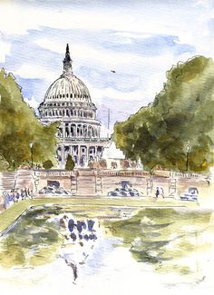 a watercolor painting of the capitol building in washington d c, with ducks swimming around