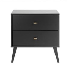 two black nightstands with gold handles and drawers