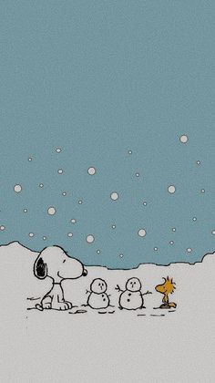 a charlie brown christmas scene with snoop and his family on the snow covered ground in front of a blue sky