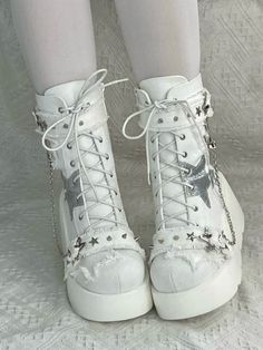 ❤star mode mark boots❤︎ White High-top Leather Mid-calf Boots, White Leather High-top Mid-calf Boots, White High-top Platform Boots, White Platform High-top Boots, Edgy White High Ankle Boots, Edgy White Winter Boots, White High-top Boots With Reinforced Heel, White Edgy Ankle-high Boots, Edgy White Ankle-high Boots