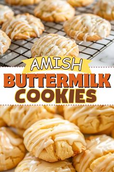 buttermilk cookies on a cooling rack with the words, amish buttermilk cookies