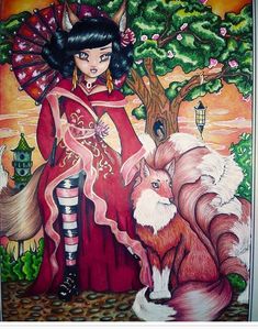 a painting of a woman with an umbrella standing next to a fox and a tree