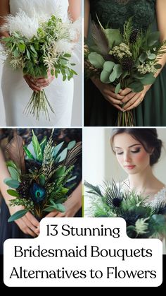 A creative bridesmaid bouquet alternative featuring greenery and feathers arranged in a stylish design for a unique wedding look. Untraditional Bouquet Wedding, No Flower Bridal Bouquet, Alternative To Bridal Bouquet, Alternative Bouquet Ideas Bridesmaids, Non Traditional Bouquets Bridal, Flower Bouquet For Green Dress, Untraditional Wedding Bouquet, Non Traditional Bridesmaid Bouquets, Diy Bridesmaid Bouquet Fake Flowers