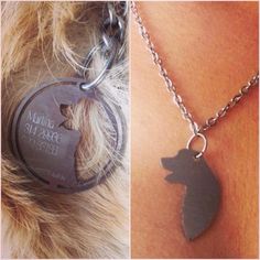 two pictures one has a dog tag and the other has a necklace with a cat on it